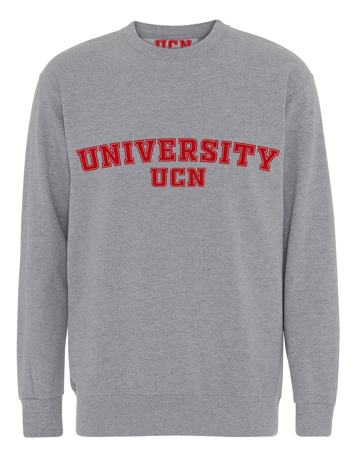 Grå UCN university sweater med rød tekst