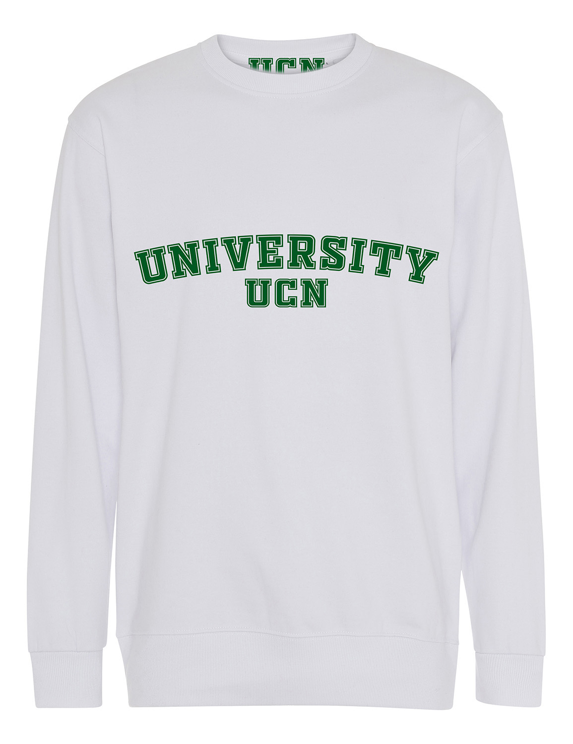 Hvid UCN universitetssweatshirt med grøn tekst
