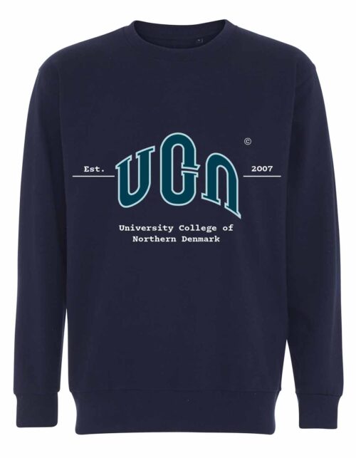 Mørkeblå sweater med UCN logo, etableret 2007.