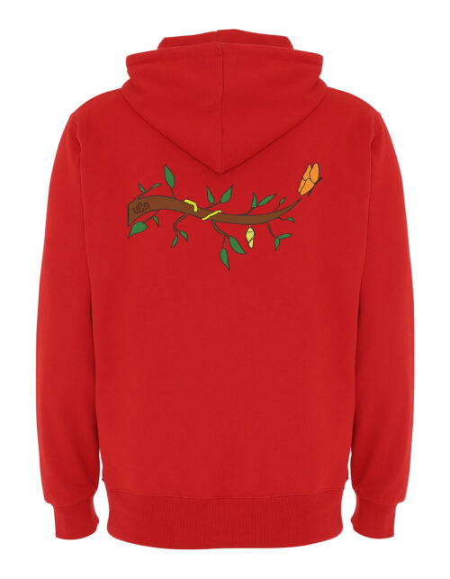 Rød hættetrøje med blomstermotiv på bagsiden