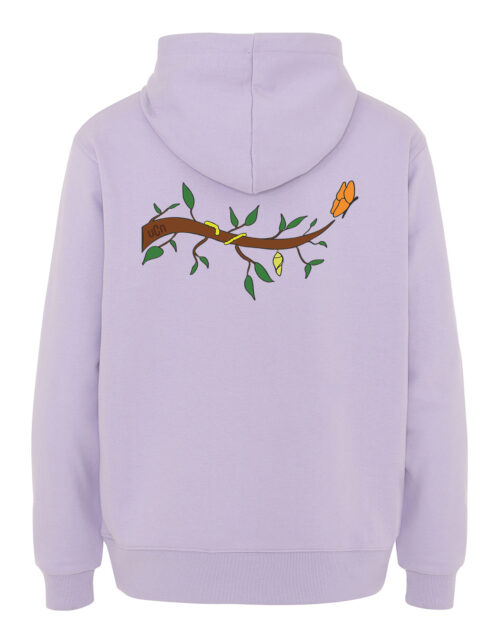 Lilla hættetrøje med bladmønster på bagsiden