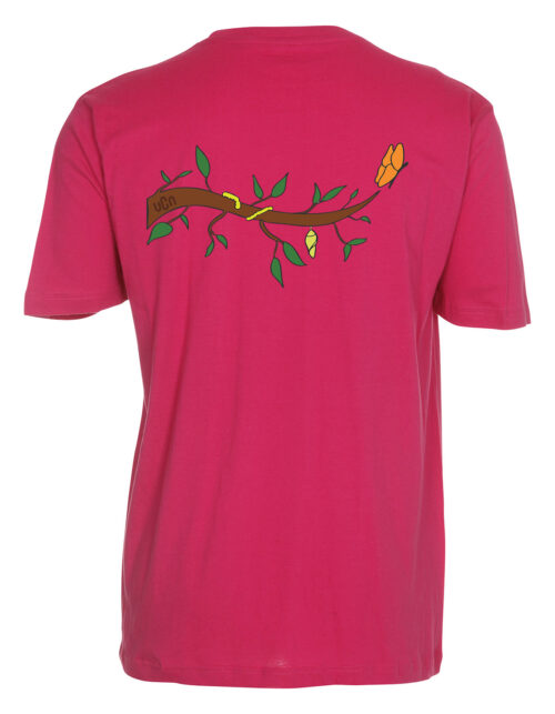 Rød T-shirt med grafisk grenmønster på bagsiden.