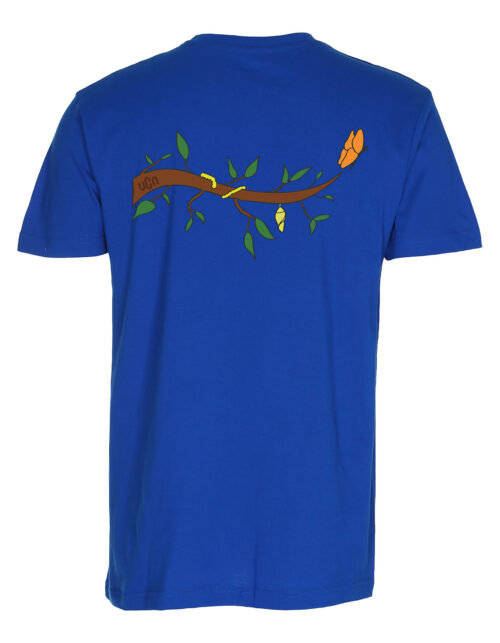 Blå t-shirt med gren og blade design.