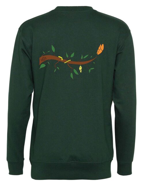 Mørkegrøn trøje med grenmotiv bagpå.