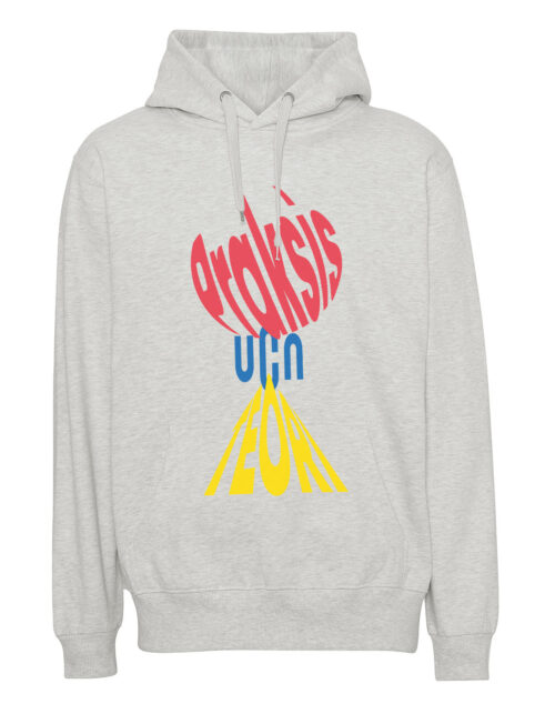 Grå hættetrøje med farverigt tekstdesign på forsiden.