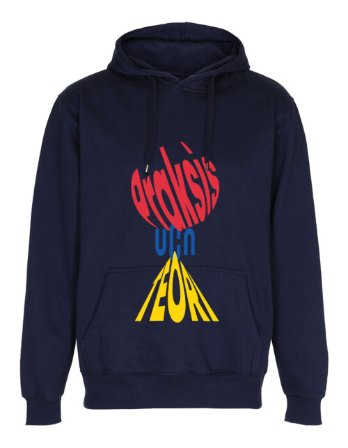 Mørkeblå hættetrøje med grafisk tekstdesign.