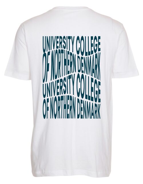 Hvid t-shirt med blå tekst: University College of Northern Denmark
