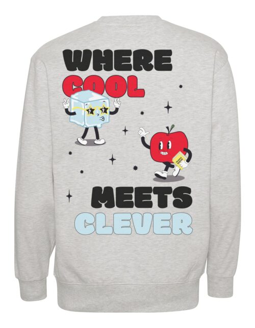 Grå sweatshirt med tegneserietekst og figurer.