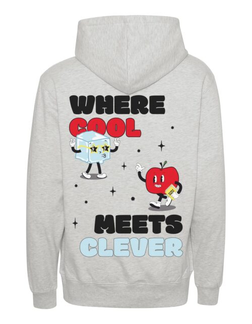 Grå hættetrøje med sjove figurer og tekst.