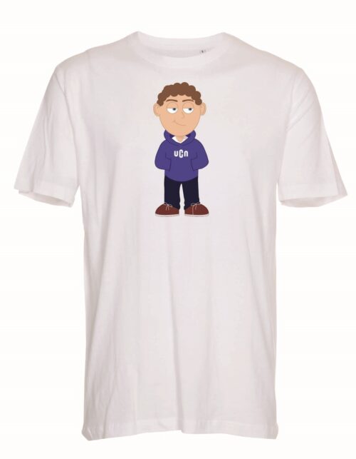 Hvid t-shirt med tegneseriefigur i lilla hættetrøje.