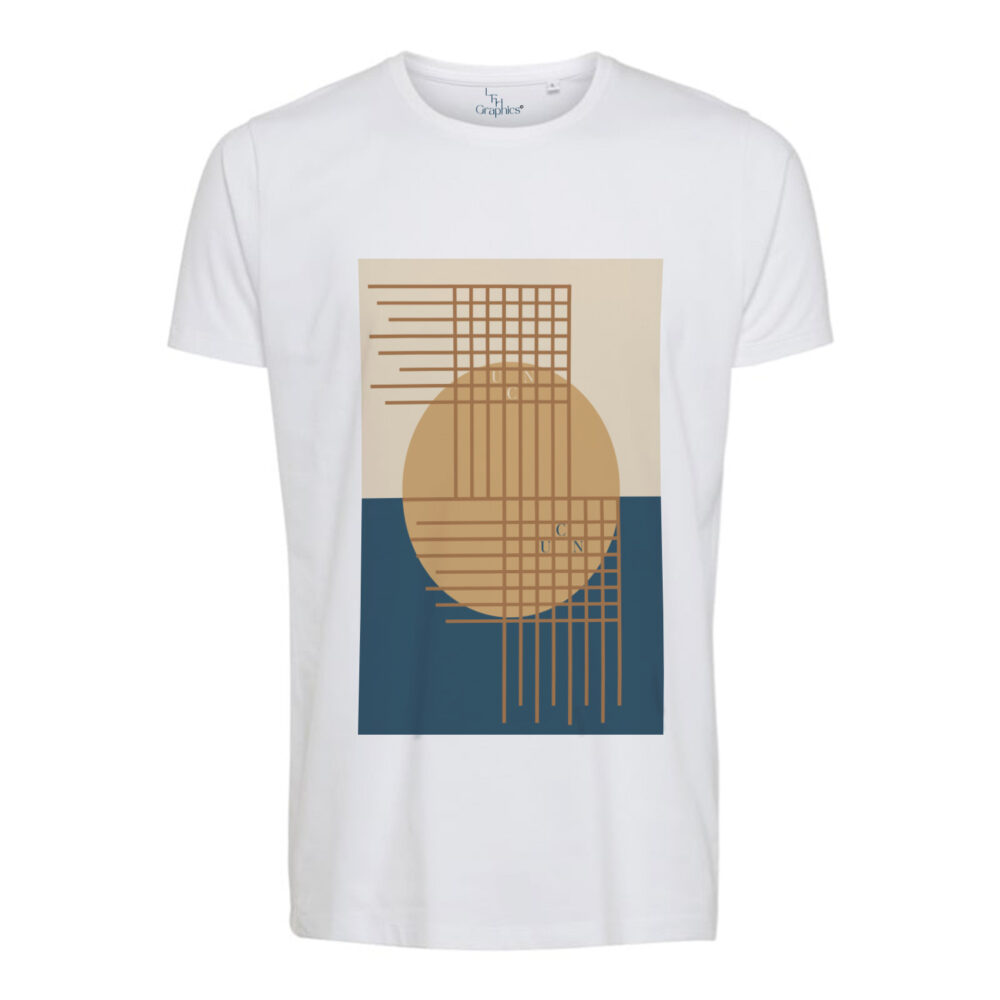 Hvid T-shirt med geometrisk mønster i cirkler.