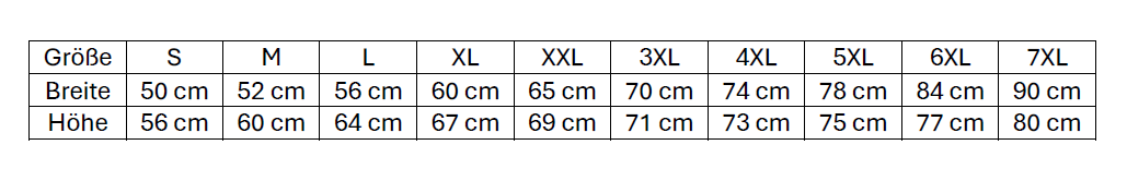 Størrelsesguide med bredde og højde i centimeter