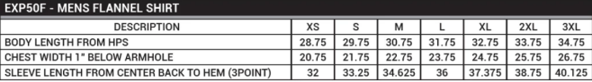 Størrelsestabel for herre flannelskjorte EXP50F