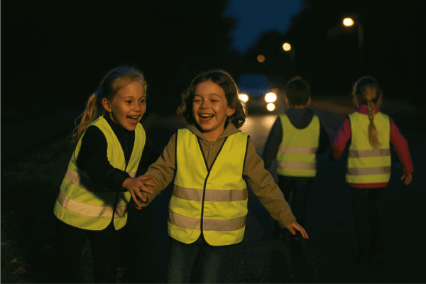 Børn i refleksveste leger på vej om natten
