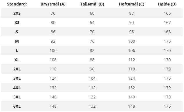 Tøjstørrelsesguide med bryst, talje, hofte og højde