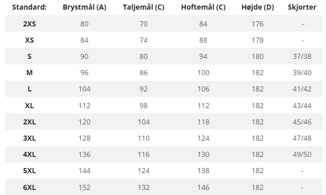 Størrelsestabel for herreskjorter med mål i cm