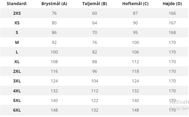 Størrelsestabel for tøj med mål i centimeter