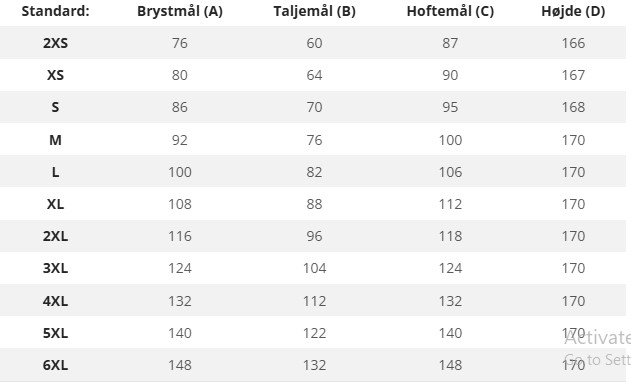 Størrelsesskema med bryst, talje, hofte og højde mål