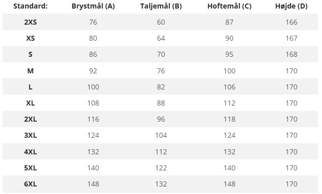 Størrelsesguide med bryst-, talje-, hofte- og højdemål.