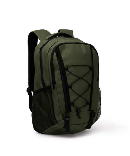 Grøn rygsæk med sorte lynlåse og netlommer