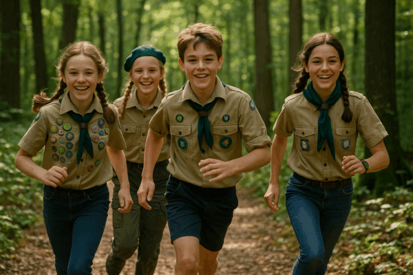 Spejdere løber glade gennem skoven