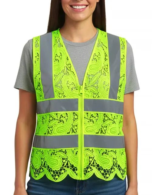 Neongul refleksvest med blondemønster