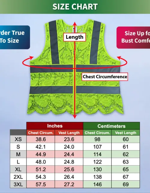 Størrelsesguide for neongul sikkerhedsvest