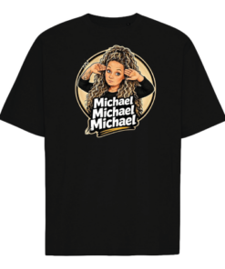 Sort T-shirt med tegnet kvinde og tekst