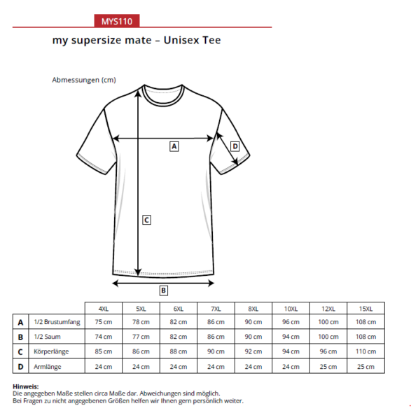 Størrelsesguide til unisex T-shirt med mål