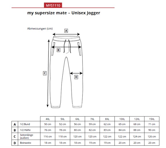 Størrelsesguide for unisex jogger med målskema