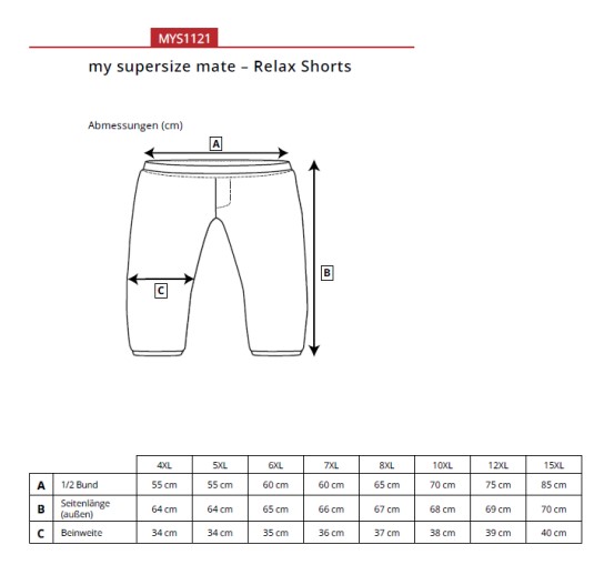 Størrelsesguide til Relax Shorts med målskema