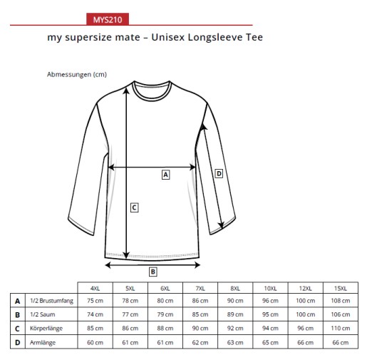 Størrelsesguide til unisex langærmet T-shirt