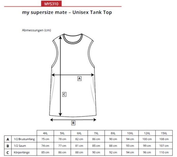 Størrelsesguide til unisex tanktop med mål