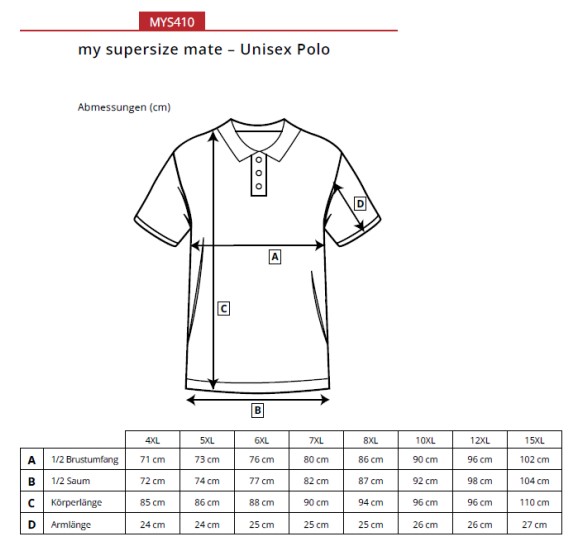 Størrelsesguide for unisex polo med målskema