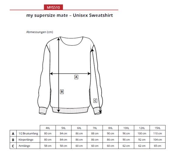 Størrelsesguide til unisex sweatshirt MY5510