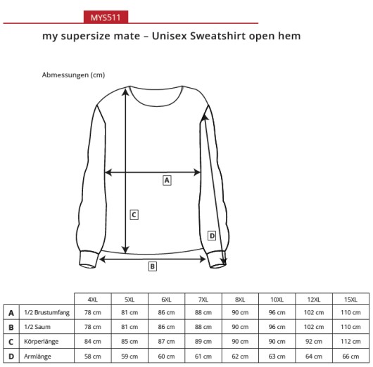 Størrelsesguide til unisex sweatshirt med målskema