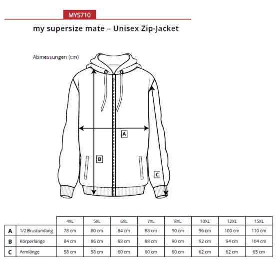 Størrelsesguide til unisex zip-jakke med mål