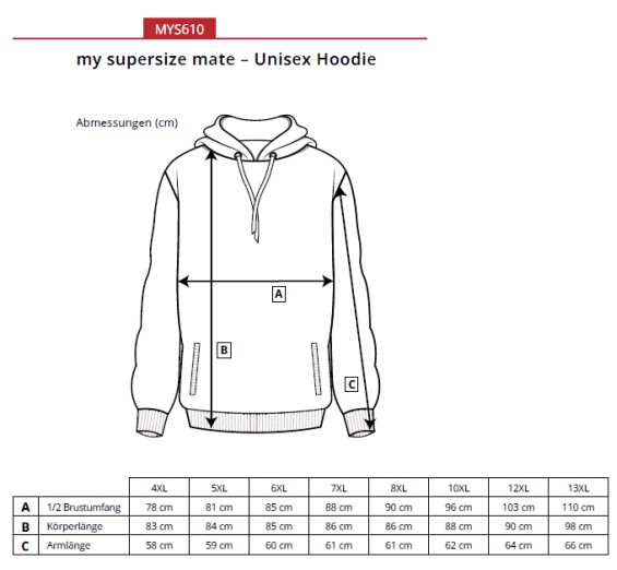 Størrelsesguide til unisex hoodie med målskema