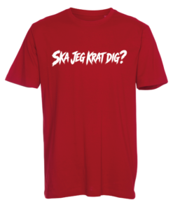 Rød T-shirt med hvid tekst på brystet