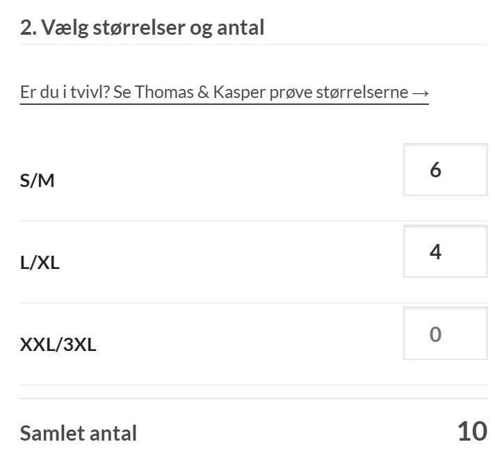 Trin 2 Vælg størrelser og antal: 6 stk. S/M og 4 stk. L/XL – samlet antal 10