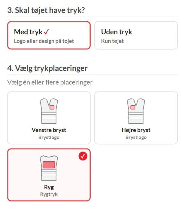 Trin 3 og 4 i konfiguratoren: Med tryk er valgt, og trykplaceringen Ryg er markeret