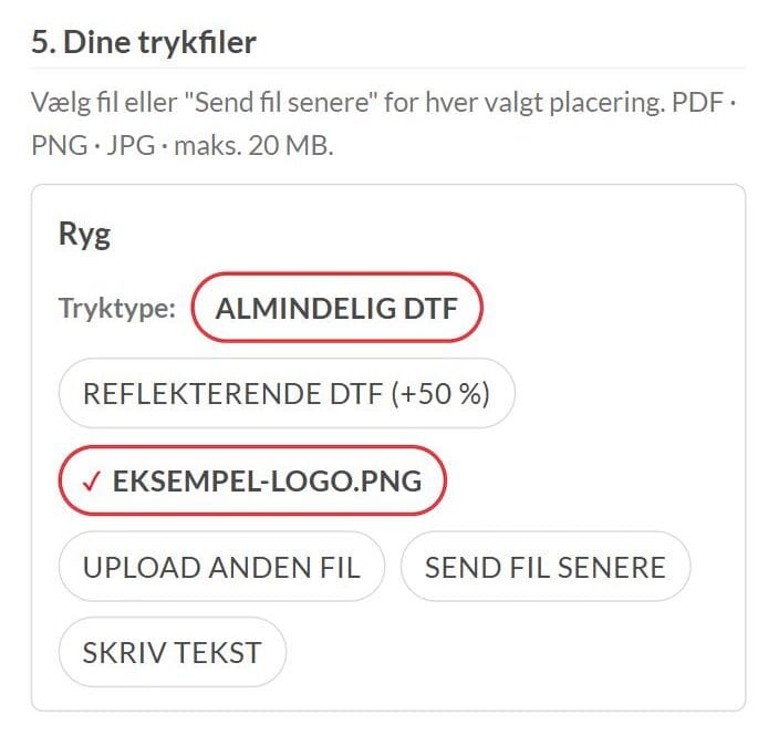 Trin 5 Dine trykfiler: Almindelig DTF er valgt, og filen eksempel-logo.png er uploadet til ryggen