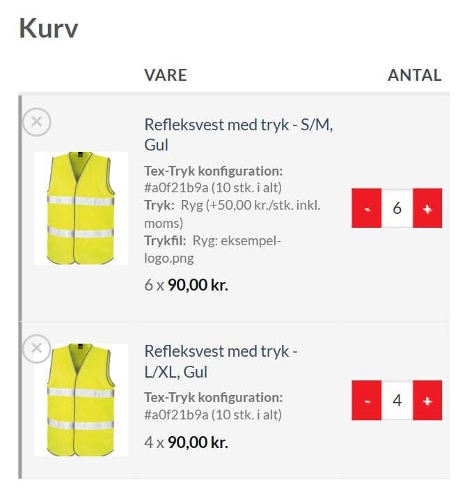 Kurven på tex-tryk.dk med de to linjer for S/M og L/XL – konfiguration, tryk på ryg og trykfil er vist under hver vare