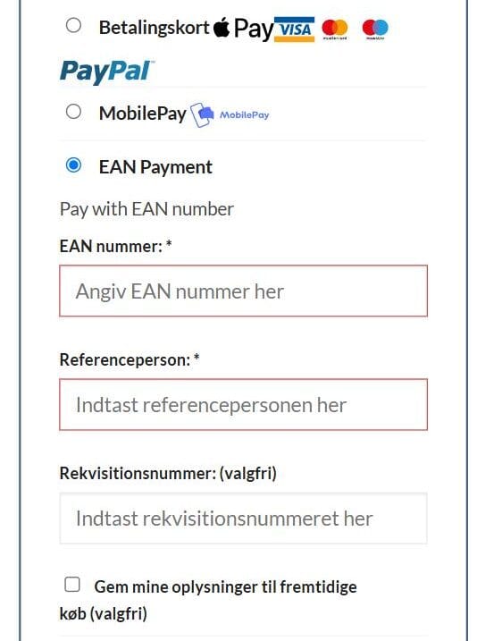 Kassen på tex-tryk.dk: betalingsmetoden EAN Payment er valgt, og felterne EAN nummer, Referenceperson og Rekvisitionsnummer er vist